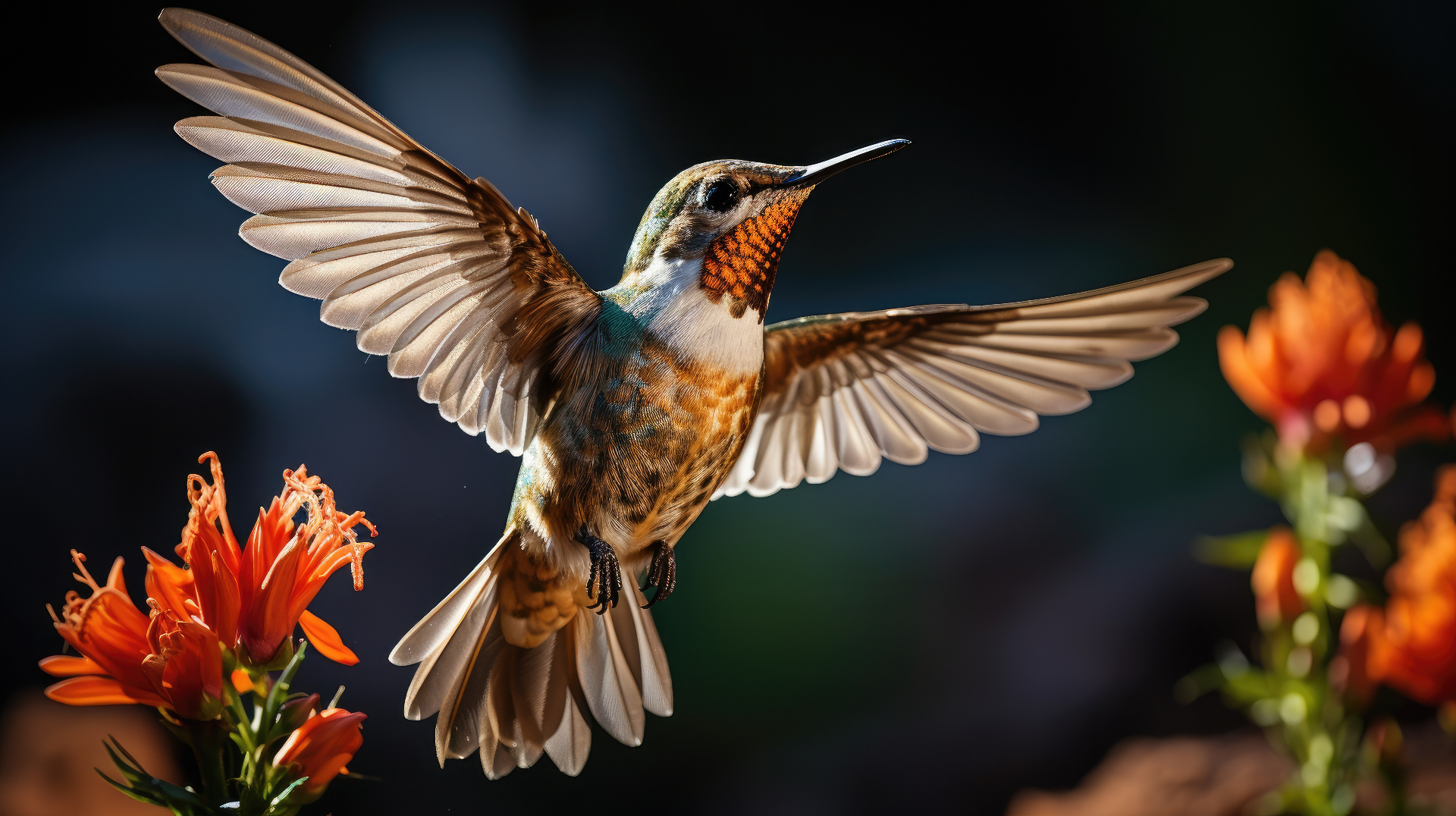 Hummingbird in flight beside vibrant orange flowers